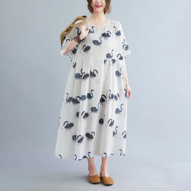 Loose Swans Print Midi Dress