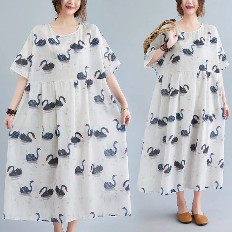 Loose Swans Print Midi Dress