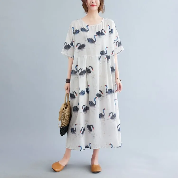 Loose Swans Print Midi Dress