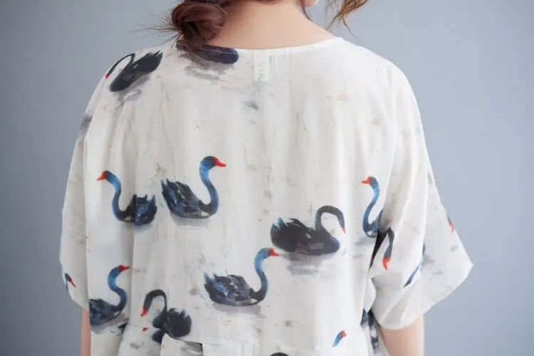 Loose Swans Print Midi Dress