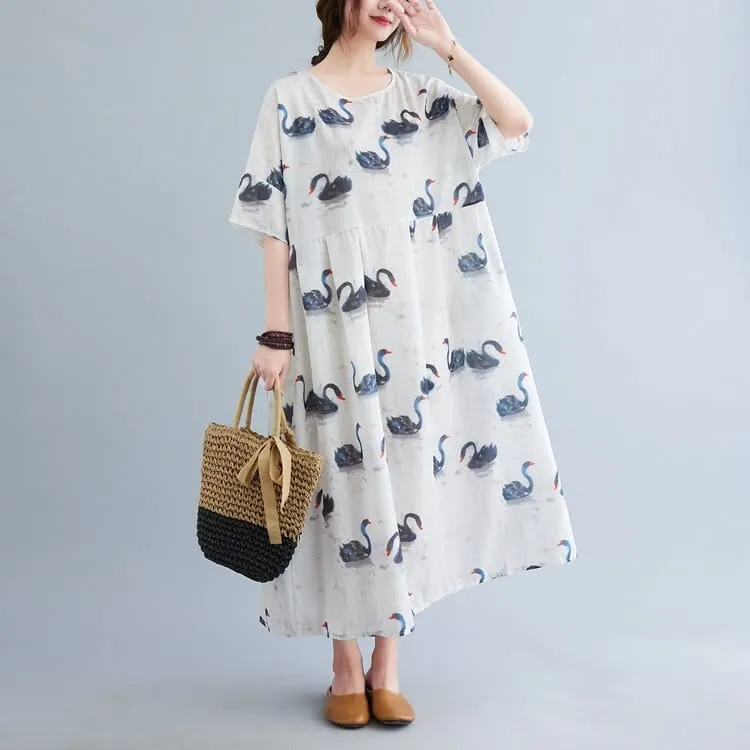 Loose Swans Print Midi Dress