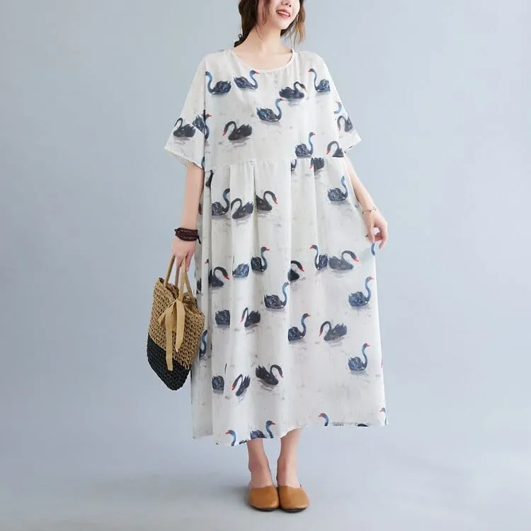 Loose Swans Print Midi Dress