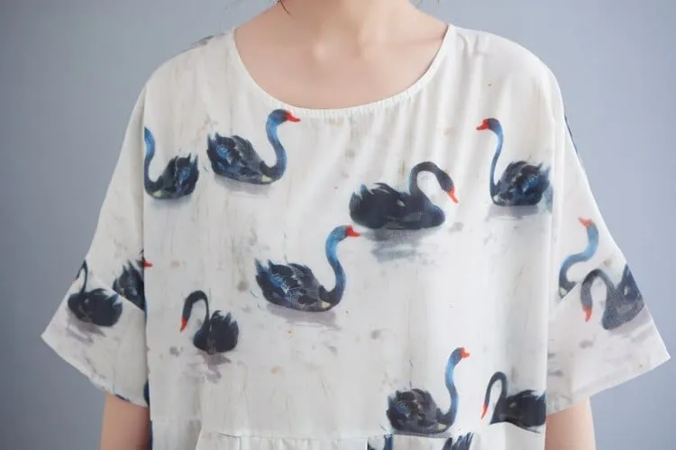 Loose Swans Print Midi Dress
