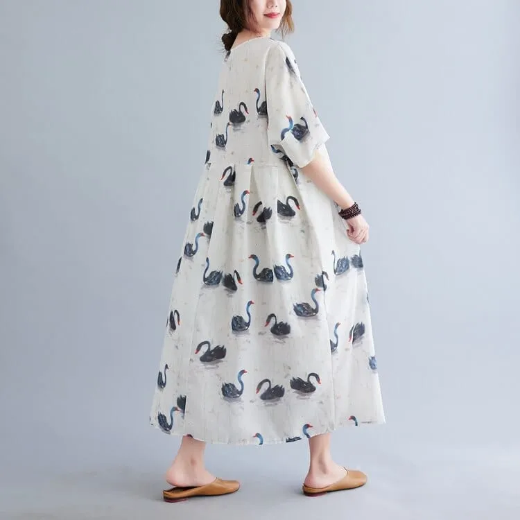 Loose Swans Print Midi Dress