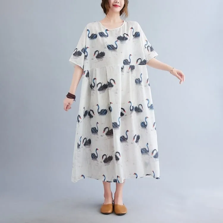 Loose Swans Print Midi Dress
