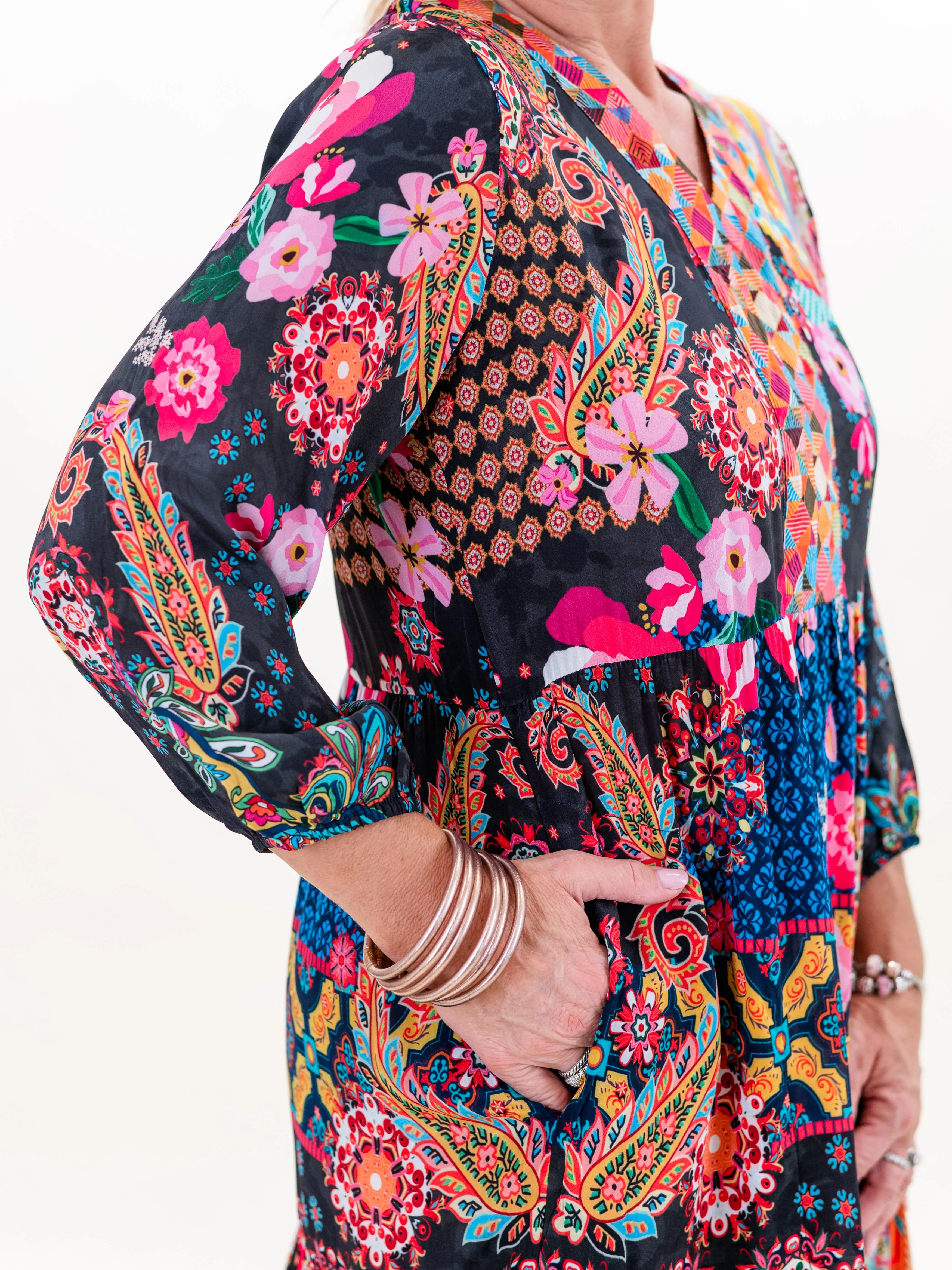 L/S Multi Print V-Neck Dress by Shana Apparel