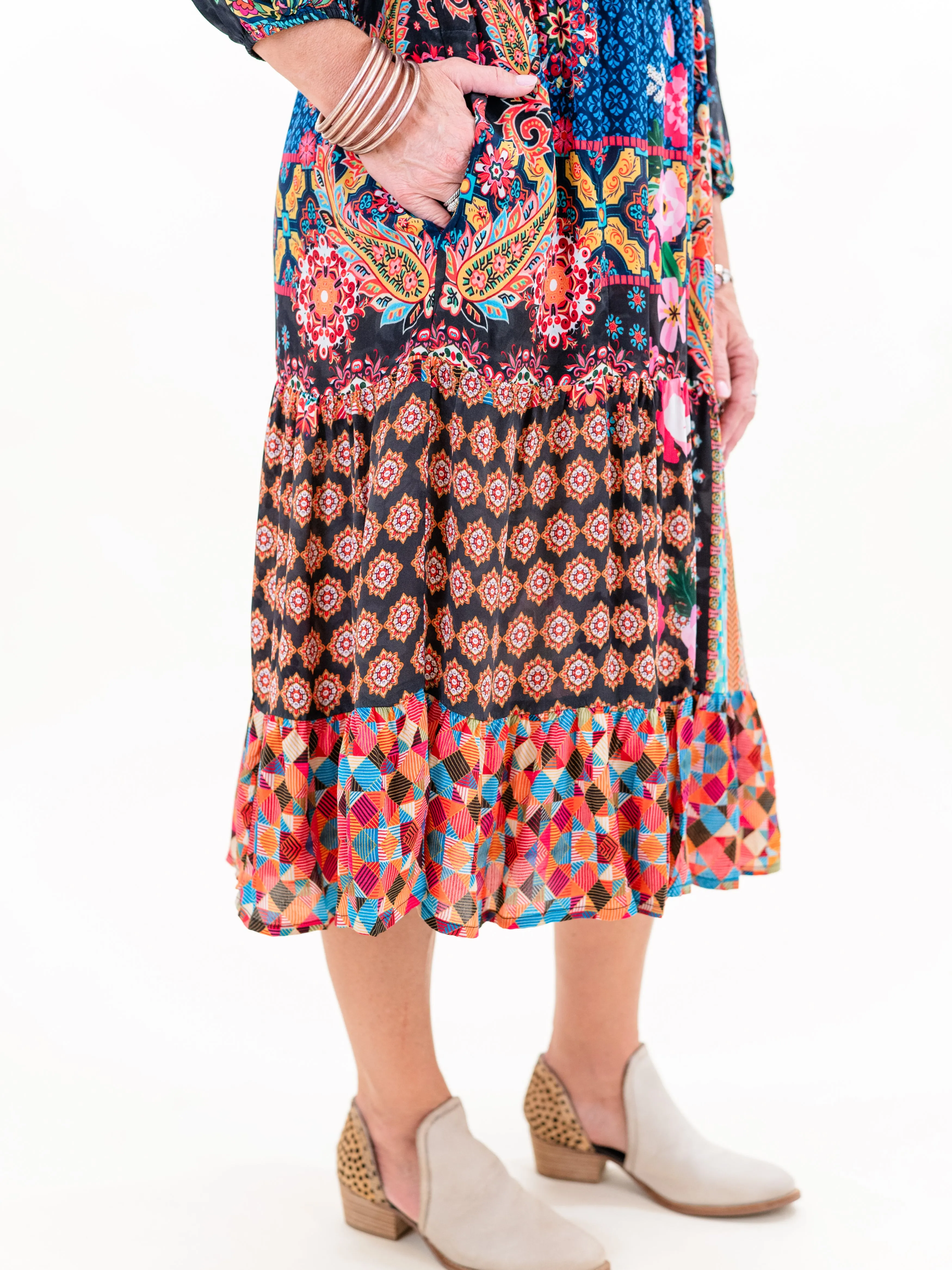 L/S Multi Print V-Neck Dress by Shana Apparel