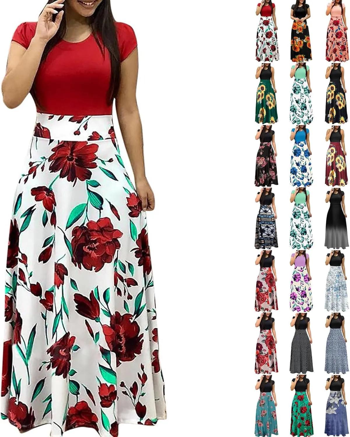 Maxi Dress for Women,2024 Summer Elegant Bodycon Short Sleeve Crewneck Beach Dress,Trendy Floral Flowy Boho Dress