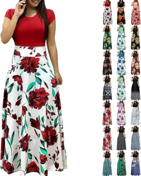 Maxi Dress for Women,2024 Summer Elegant Bodycon Short Sleeve Crewneck Beach Dress,Trendy Floral Flowy Boho Dress