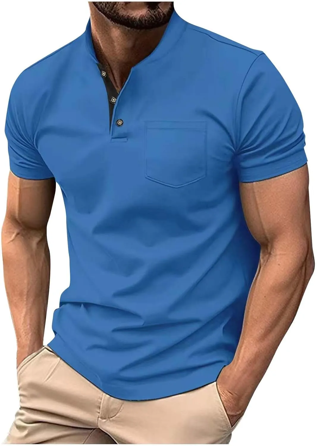 Men's Band Collar Henley Shirts Casual Short Sleeve Zipper Classic Golf T Shirt Summer Fashion Sport Workout Tee Top