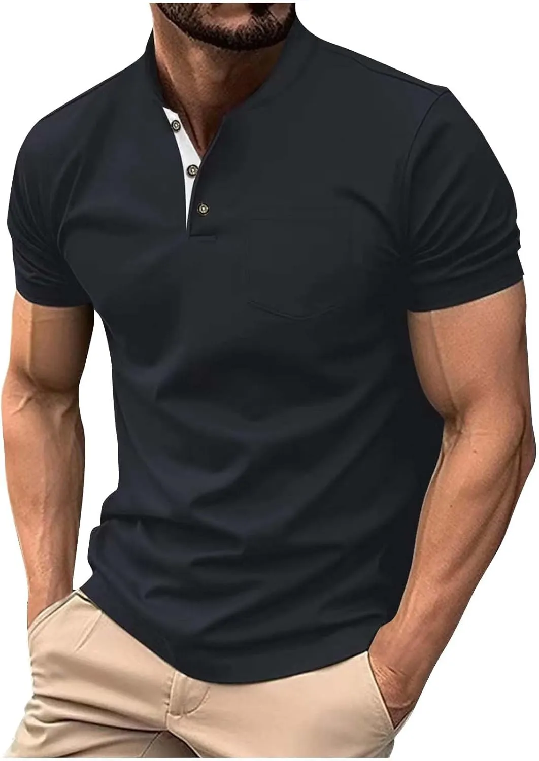 Men's Band Collar Henley Shirts Casual Short Sleeve Zipper Classic Golf T Shirt Summer Fashion Sport Workout Tee Top