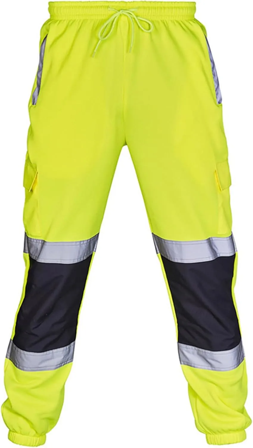 Men's Fleece Hi Vis Viz Cargo Pants Enhanced Visibility Joggers Safety Reflective Strip Work Trousers with Pockets