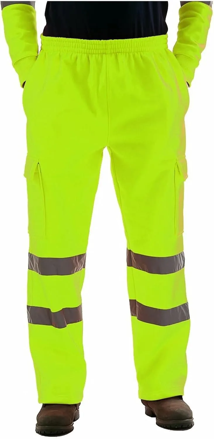 Men's Fleece Hi Vis Viz Cargo Pants Enhanced Visibility Joggers Safety Reflective Strip Work Trousers with Pockets