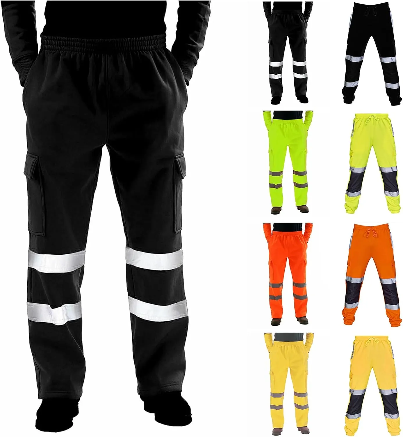 Men's Fleece Hi Vis Viz Cargo Pants Enhanced Visibility Joggers Safety Reflective Strip Work Trousers with Pockets