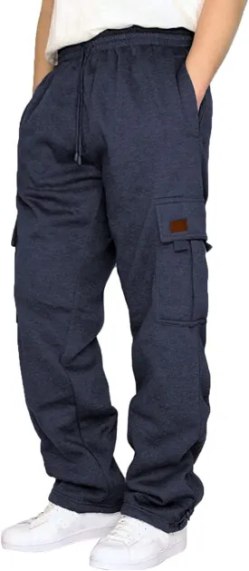 Mens Fleece Sweatpants Heavyweight Baggy Elastic Waist Joggers Fall Winter Drawstring Wide Leg Cargo Pants Pockets