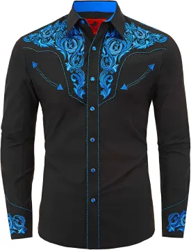 Men's Western Cowboy Shirt Embroidered Long Sleeve Casual Button Down Shirt