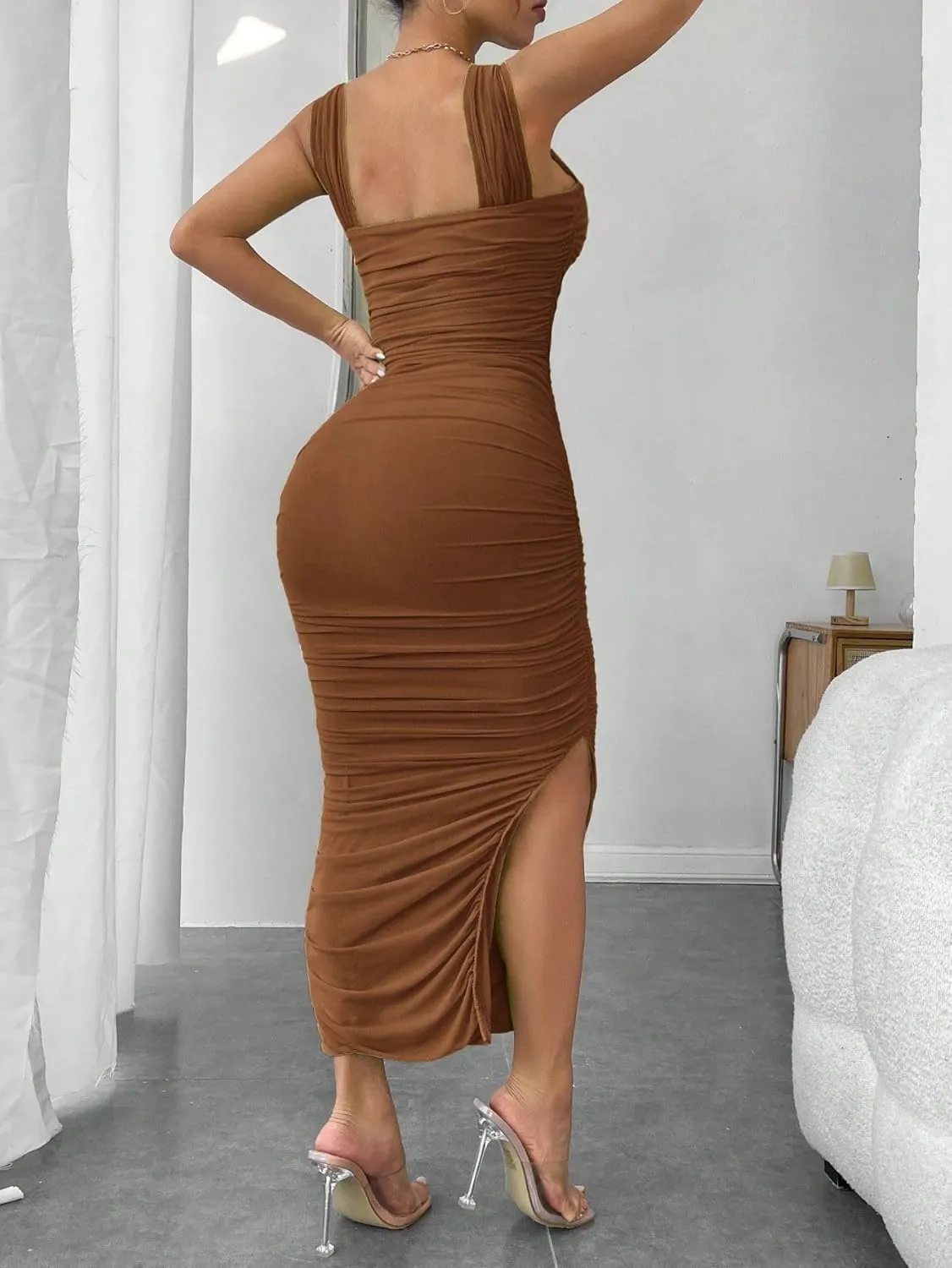 Narecte Women's Midi Bodycon Dress Sexy Ruched Club Party Dress Sleeveless Elegant Cocktail Dress