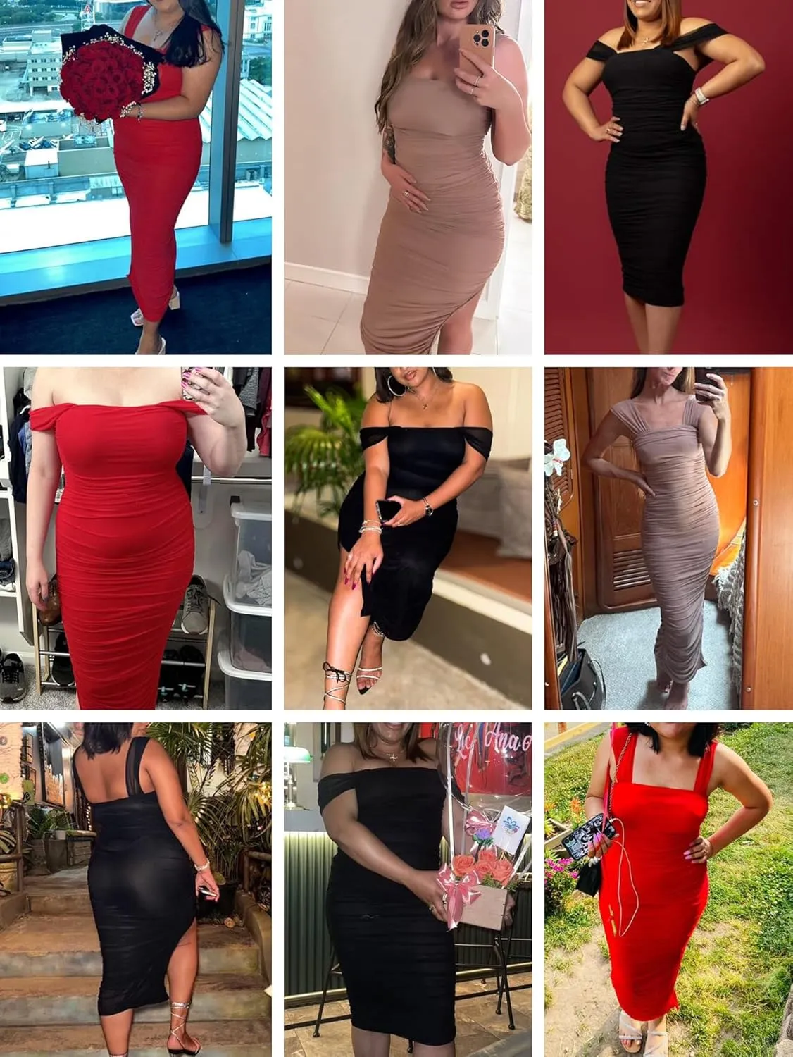 Narecte Women's Midi Bodycon Dress Sexy Ruched Club Party Dress Sleeveless Elegant Cocktail Dress