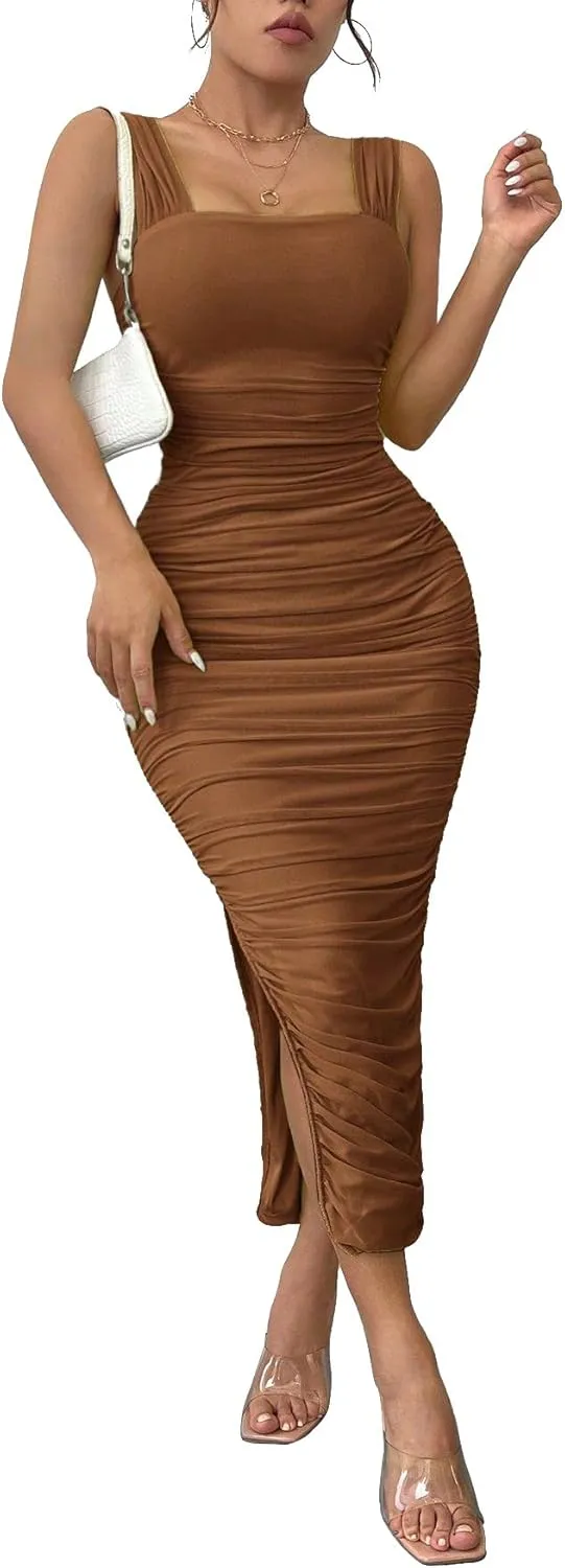 Narecte Women's Midi Bodycon Dress Sexy Ruched Club Party Dress Sleeveless Elegant Cocktail Dress