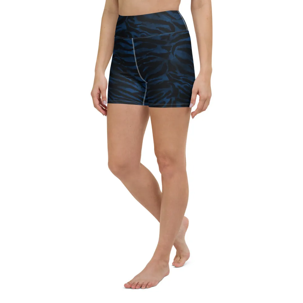 Navy Blue Tiger Yoga Shorts, Tiger Striped Animal Print Women's Yoga Tights-Made in USA/EU