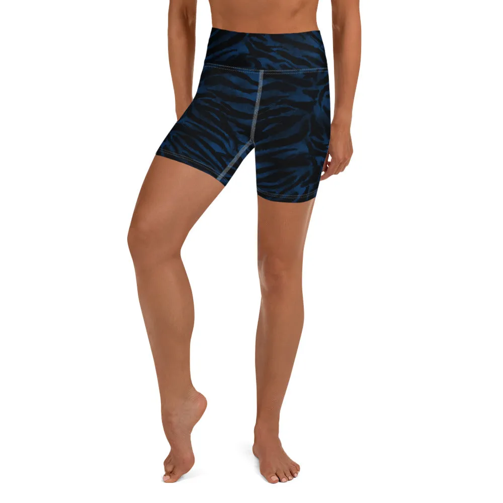 Navy Blue Tiger Yoga Shorts, Tiger Striped Animal Print Women's Yoga Tights-Made in USA/EU