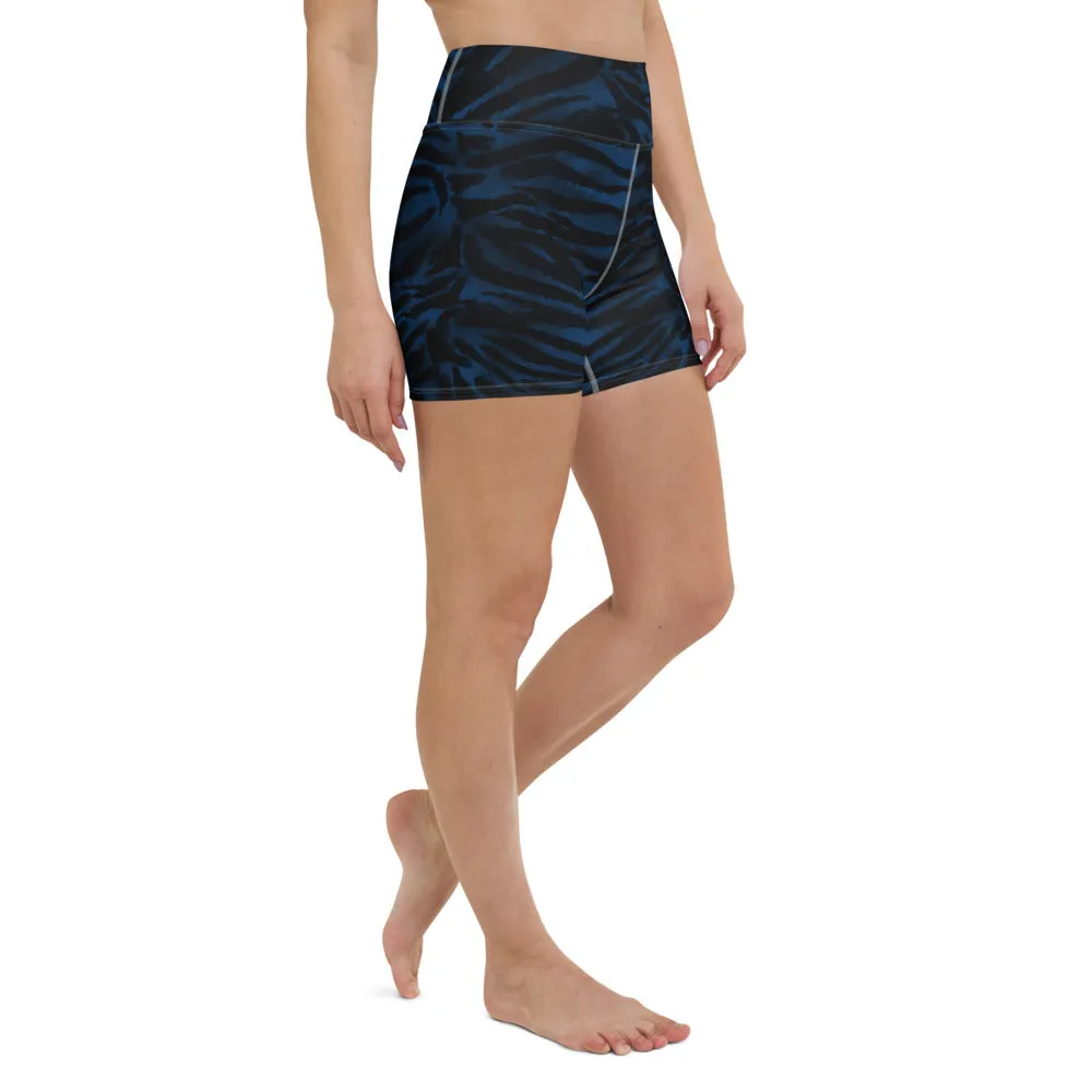 Navy Blue Tiger Yoga Shorts, Tiger Striped Animal Print Women's Yoga Tights-Made in USA/EU