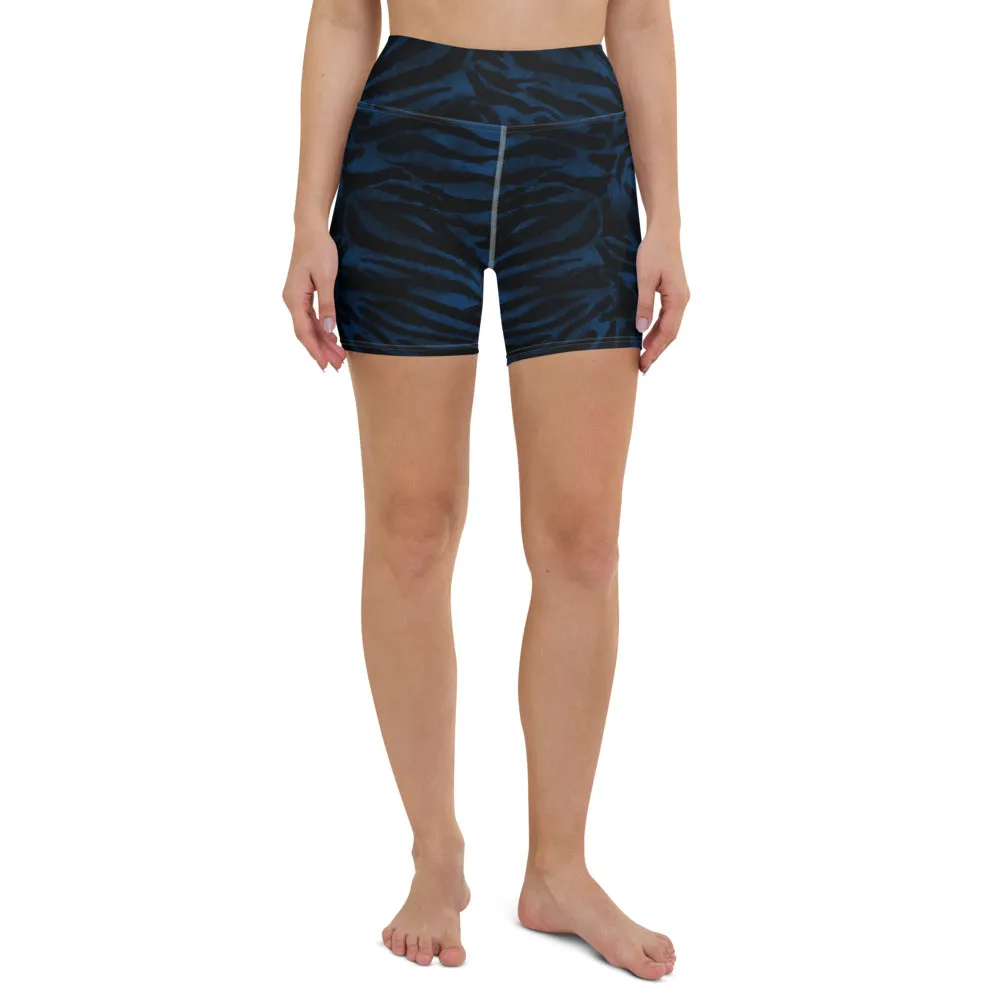 Navy Blue Tiger Yoga Shorts, Tiger Striped Animal Print Women's Yoga Tights-Made in USA/EU