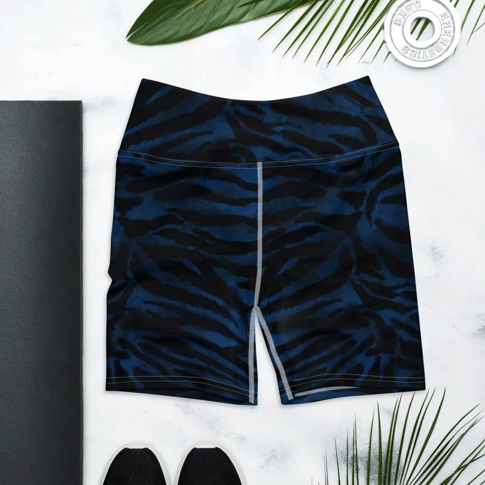 Navy Blue Tiger Yoga Shorts, Tiger Striped Animal Print Women's Yoga Tights-Made in USA/EU