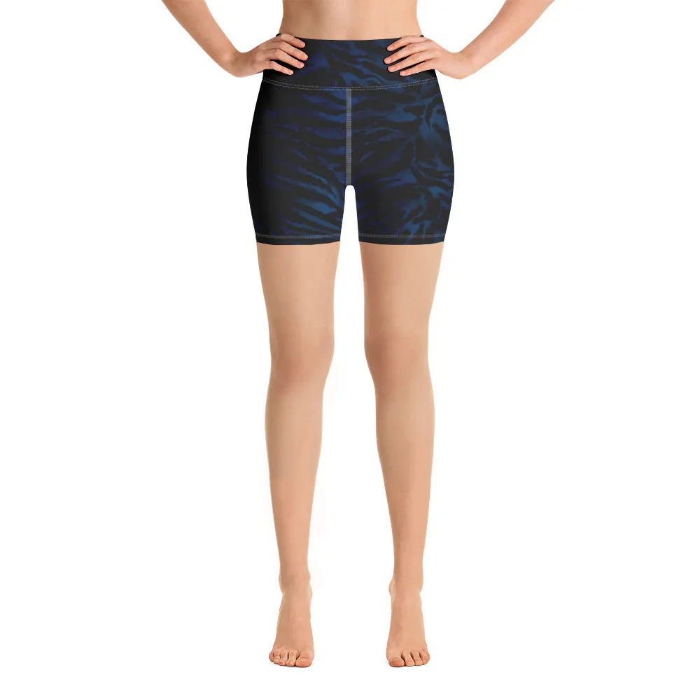 Navy Blue Tiger Yoga Shorts, Tiger Striped Animal Print Women's Yoga Tights-Made in USA/EU