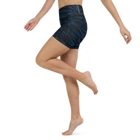 Navy Blue Tiger Yoga Shorts, Tiger Striped Animal Print Women's Yoga Tights-Made in USA/EU