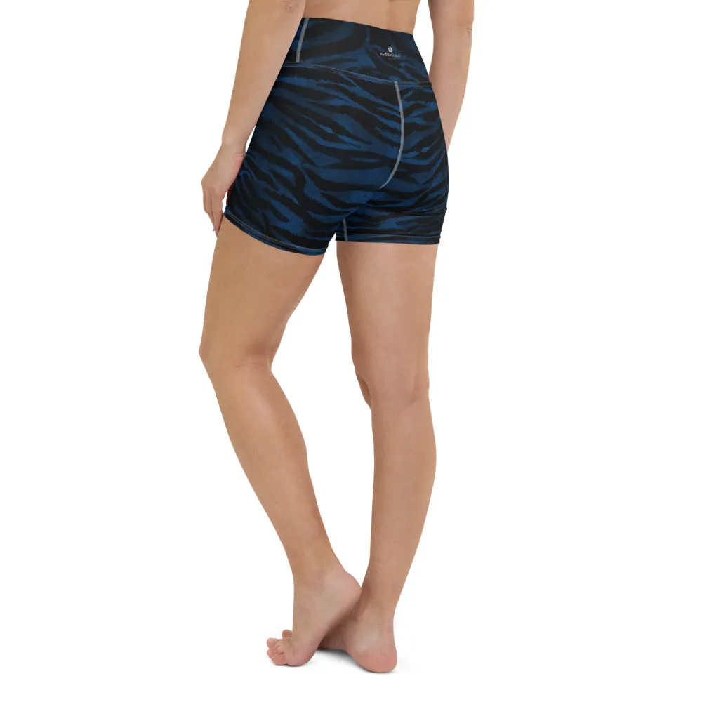 Navy Blue Tiger Yoga Shorts, Tiger Striped Animal Print Women's Yoga Tights-Made in USA/EU