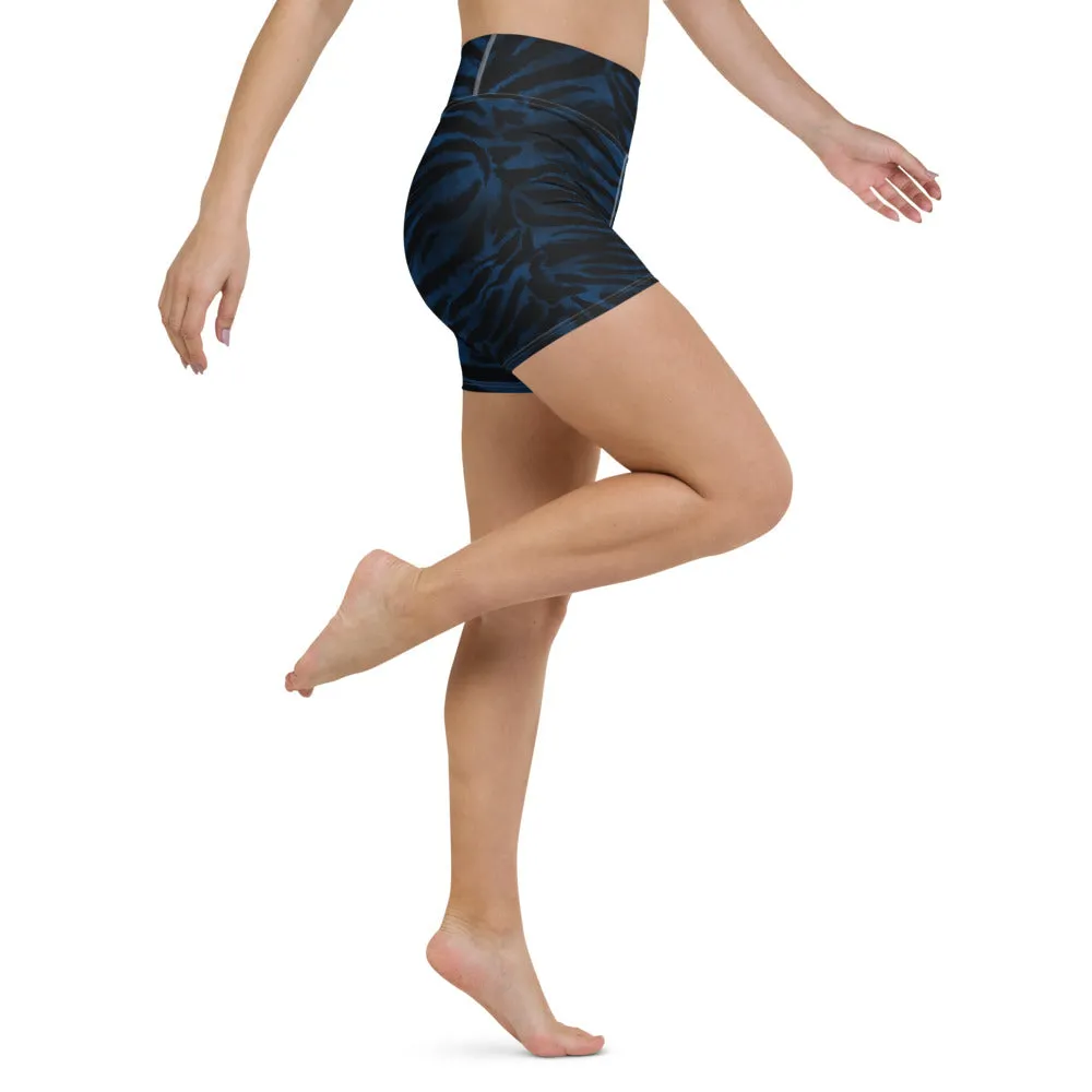 Navy Blue Tiger Yoga Shorts, Tiger Striped Animal Print Women's Yoga Tights-Made in USA/EU