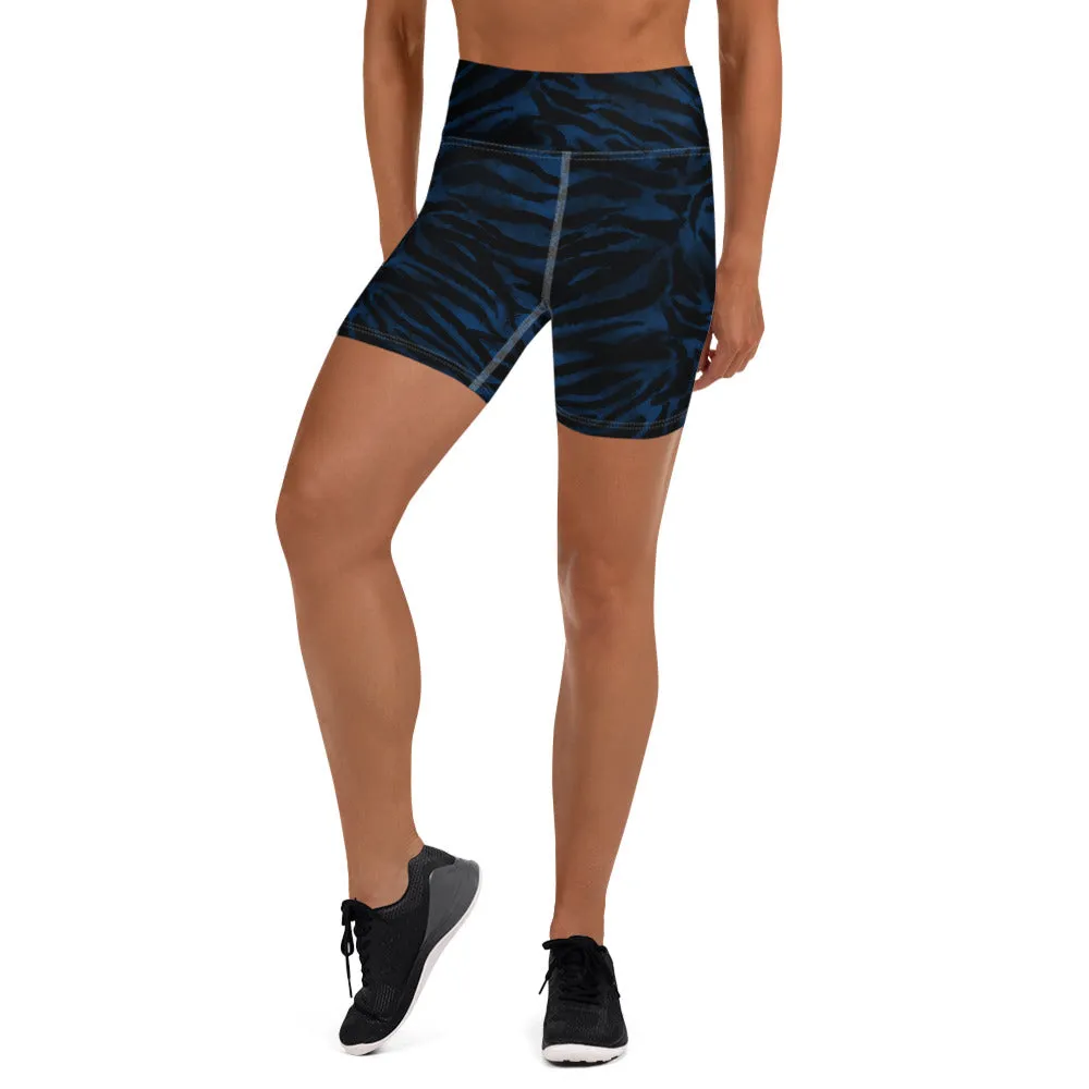 Navy Blue Tiger Yoga Shorts, Tiger Striped Animal Print Women's Yoga Tights-Made in USA/EU