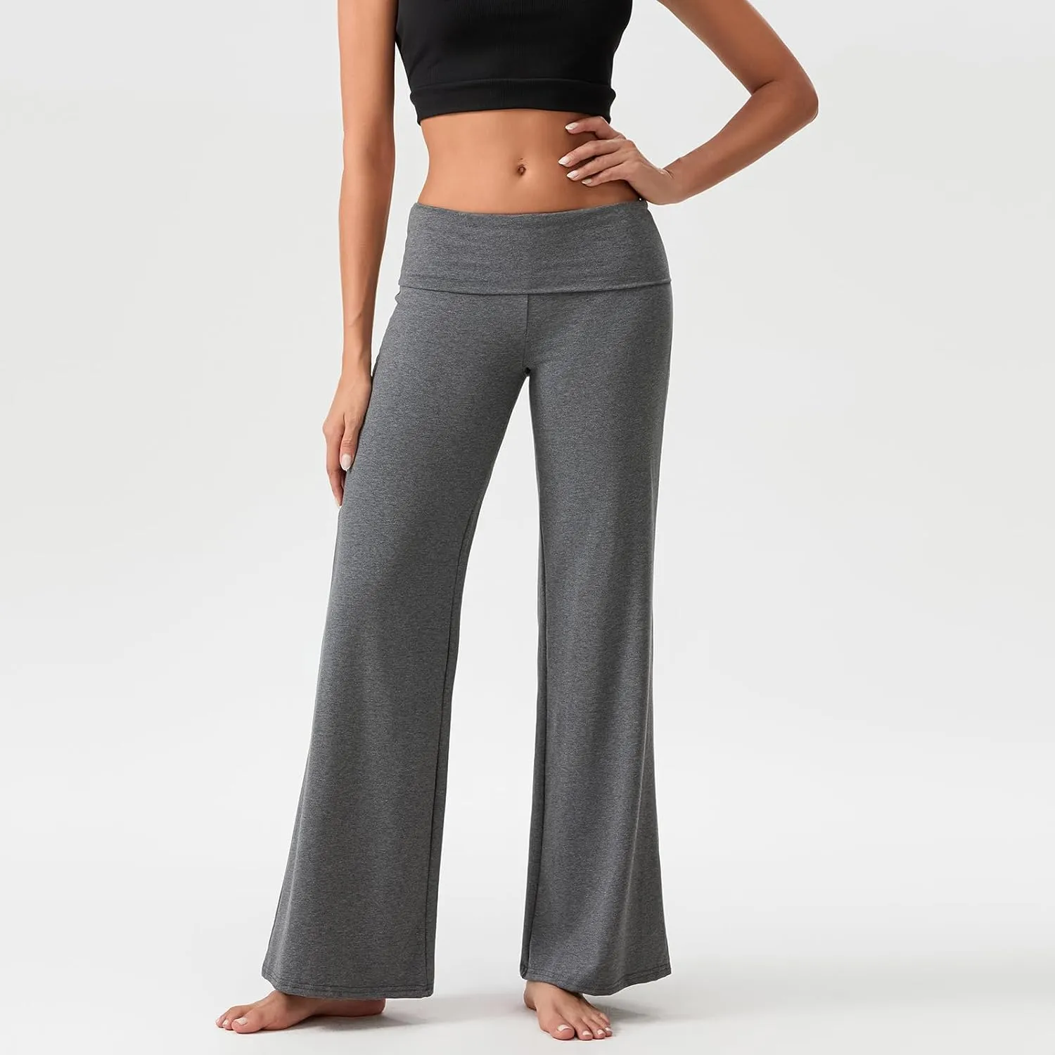 NZNDSHD Fold Over Yoga Pants for Women Low Rise Straight Leg Sweatpants Y2k Solid Color Stretchy Loose Gym Lounge Leggings