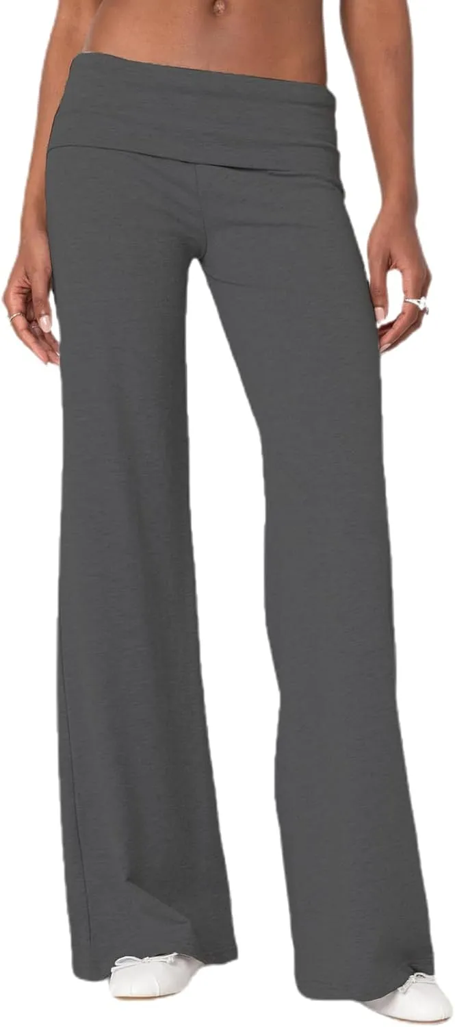 NZNDSHD Fold Over Yoga Pants for Women Low Rise Straight Leg Sweatpants Y2k Solid Color Stretchy Loose Gym Lounge Leggings