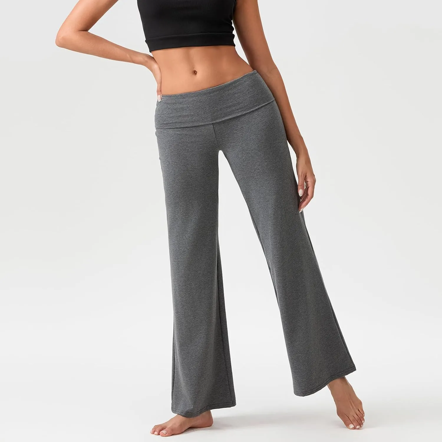 NZNDSHD Fold Over Yoga Pants for Women Low Rise Straight Leg Sweatpants Y2k Solid Color Stretchy Loose Gym Lounge Leggings