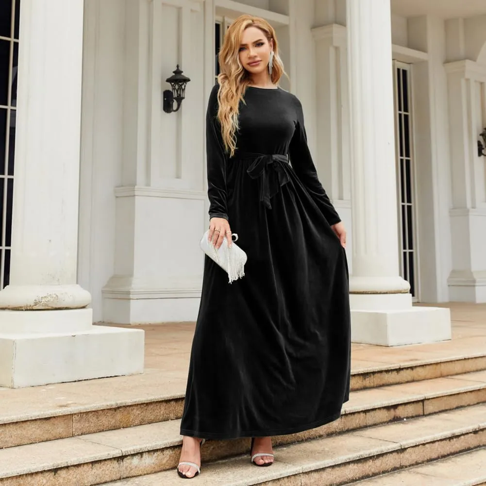 ODIZLI Women's Fall Winter Dress Long Sleeve Round Neck Velvet Long Maxi Dress with Belt Party Dress