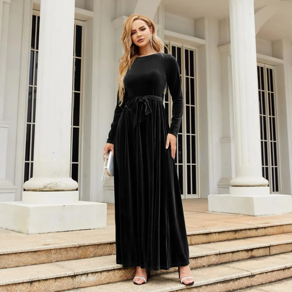 ODIZLI Women's Fall Winter Dress Long Sleeve Round Neck Velvet Long Maxi Dress with Belt Party Dress