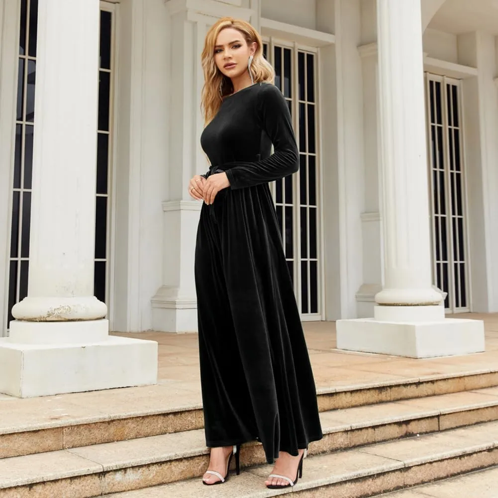 ODIZLI Women's Fall Winter Dress Long Sleeve Round Neck Velvet Long Maxi Dress with Belt Party Dress