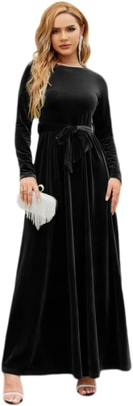 ODIZLI Women's Fall Winter Dress Long Sleeve Round Neck Velvet Long Maxi Dress with Belt Party Dress