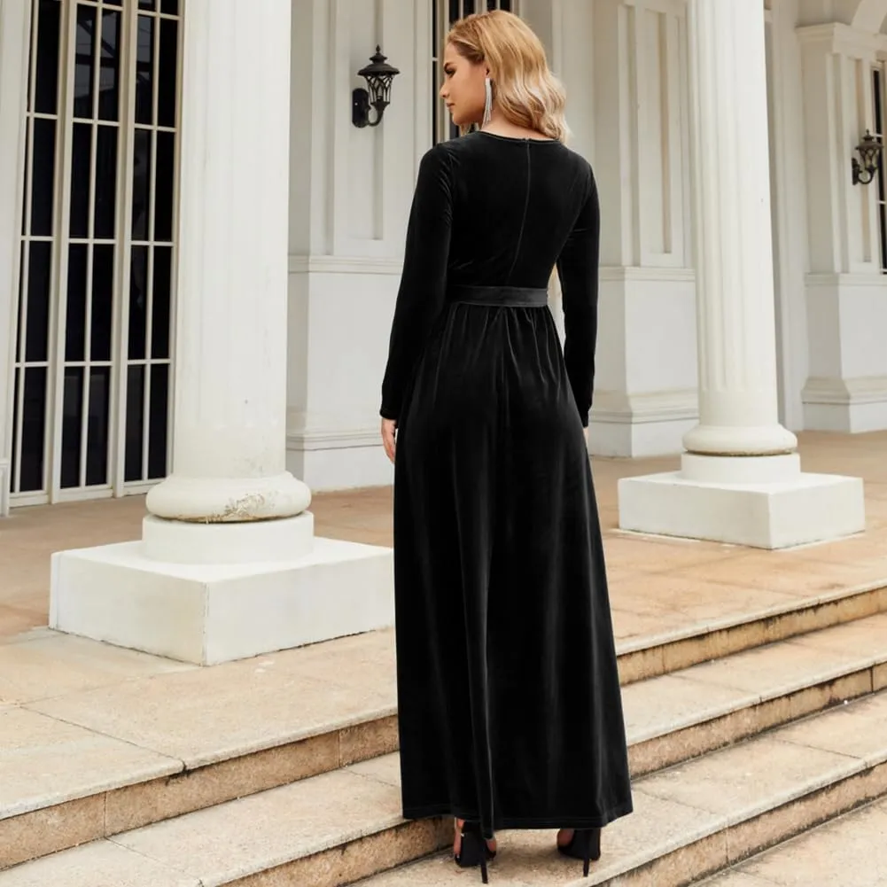 ODIZLI Women's Fall Winter Dress Long Sleeve Round Neck Velvet Long Maxi Dress with Belt Party Dress