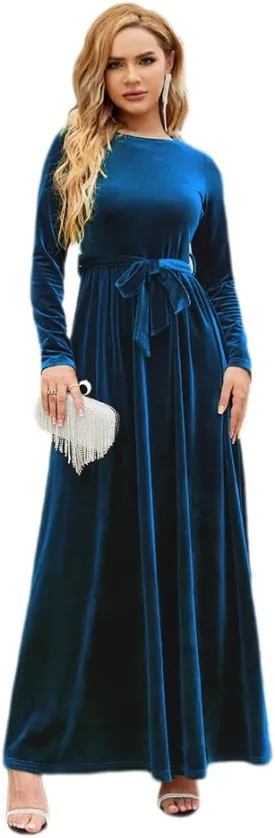 ODIZLI Women's Fall Winter Dress Long Sleeve Round Neck Velvet Long Maxi Dress with Belt Party Dress