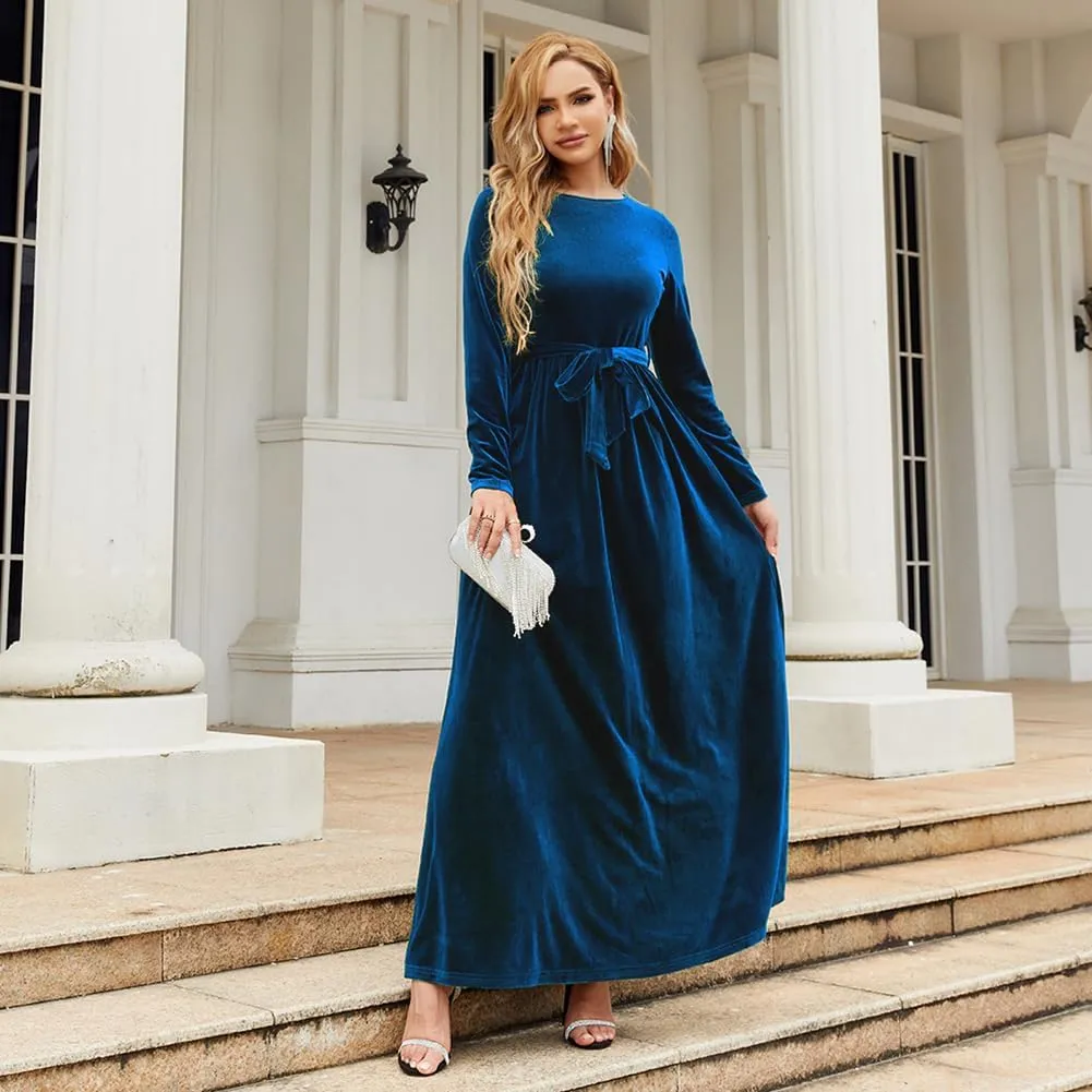 ODIZLI Women's Fall Winter Dress Long Sleeve Round Neck Velvet Long Maxi Dress with Belt Party Dress