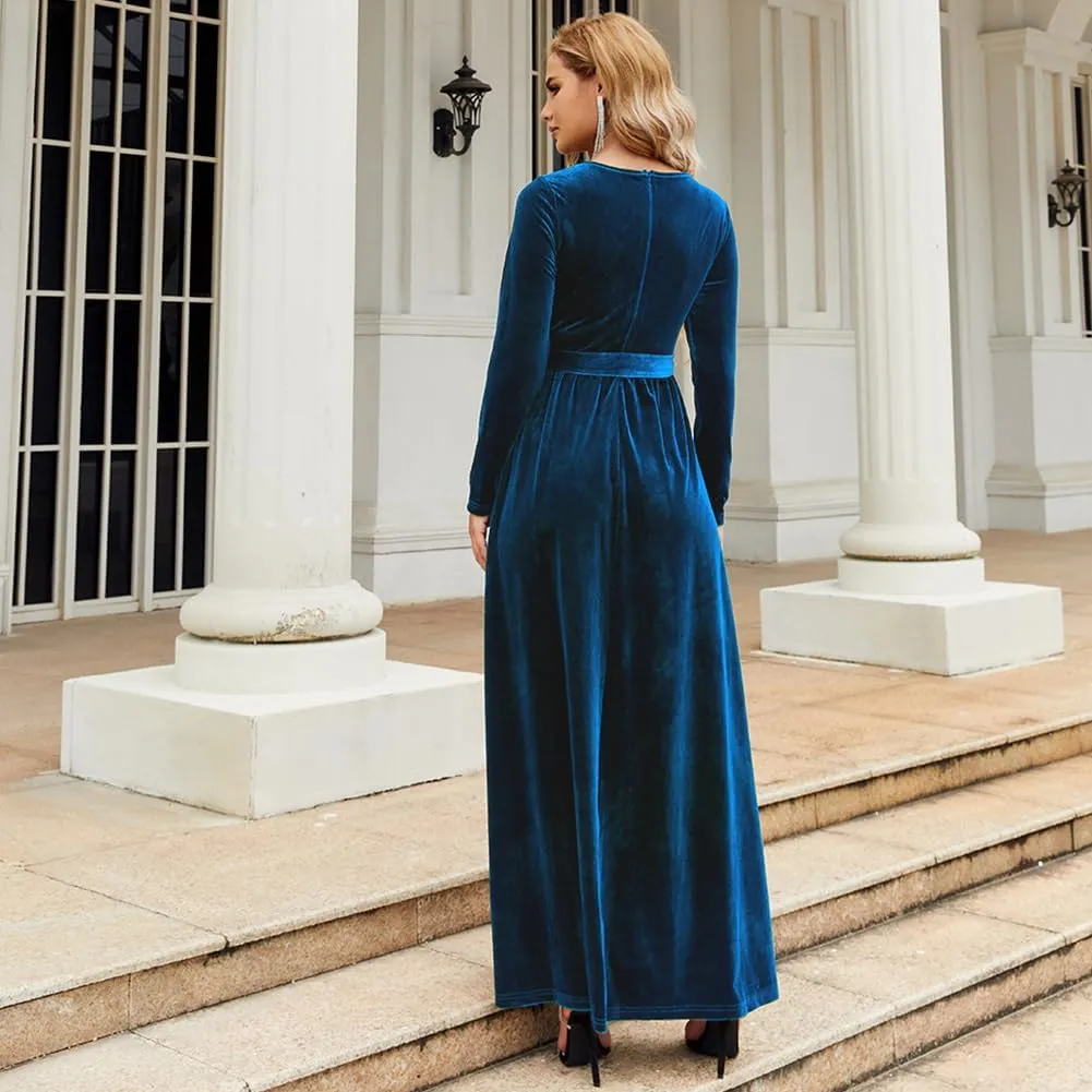 ODIZLI Women's Fall Winter Dress Long Sleeve Round Neck Velvet Long Maxi Dress with Belt Party Dress