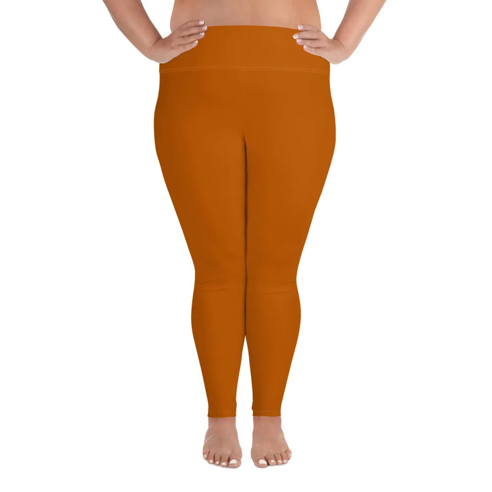 Orange Brown Plus Size Leggings, Solid Color Women's Plus Size Yoga Pants- Made in USA/EU