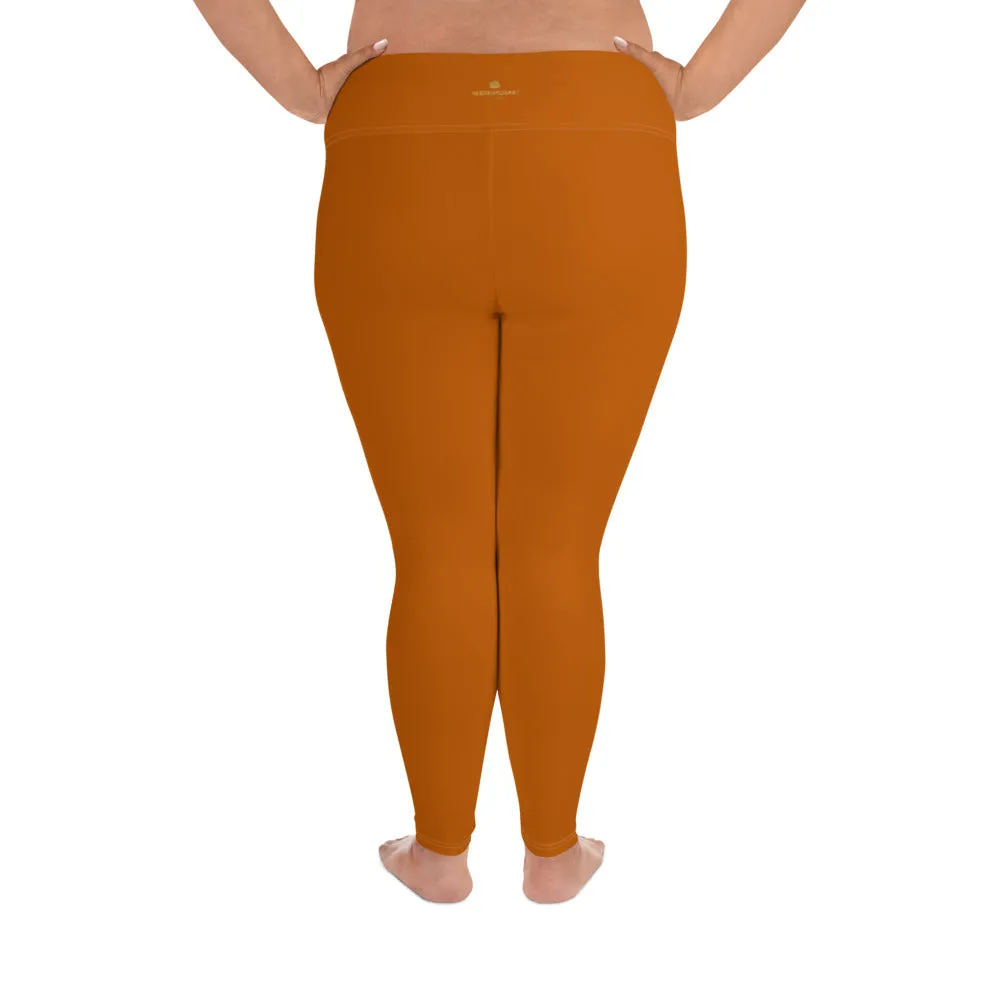 Orange Brown Plus Size Leggings, Solid Color Women's Plus Size Yoga Pants- Made in USA/EU