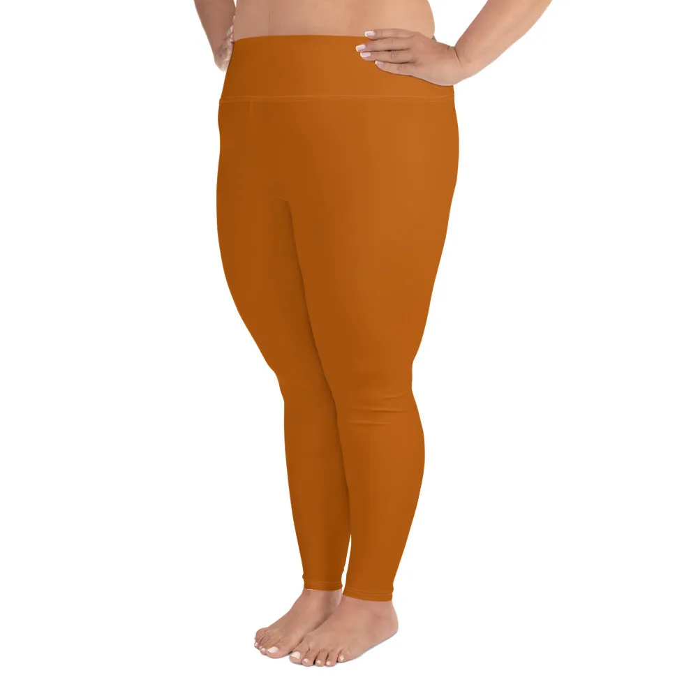 Orange Brown Plus Size Leggings, Solid Color Women's Plus Size Yoga Pants- Made in USA/EU