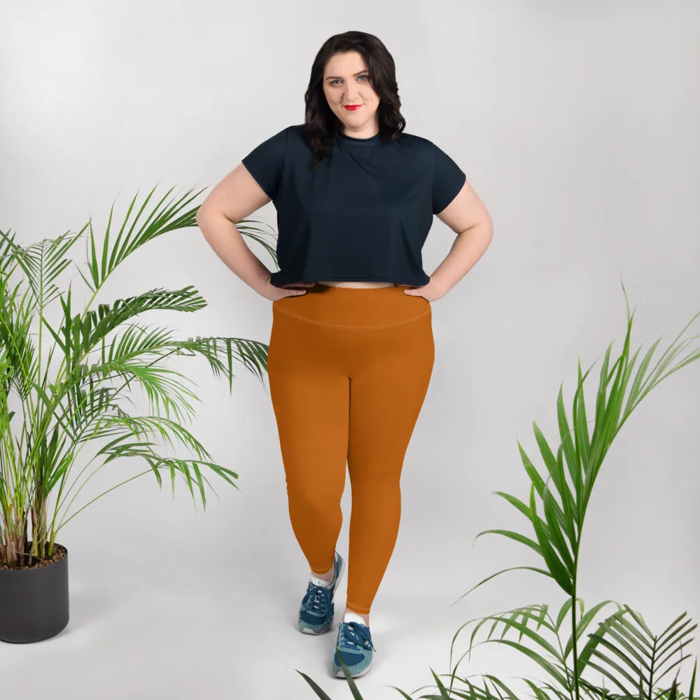 Orange Brown Plus Size Leggings, Solid Color Women's Plus Size Yoga Pants- Made in USA/EU