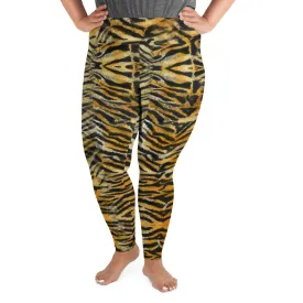 Orange Tiger Plus Size Leggings, Animal Stripe Print Women's Yoga Pants-Made in USA/EU