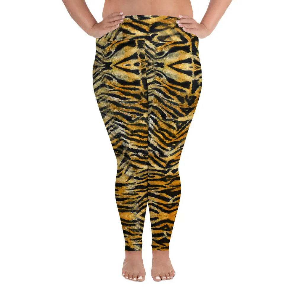 Orange Tiger Plus Size Leggings, Animal Stripe Print Women's Yoga Pants-Made in USA/EU